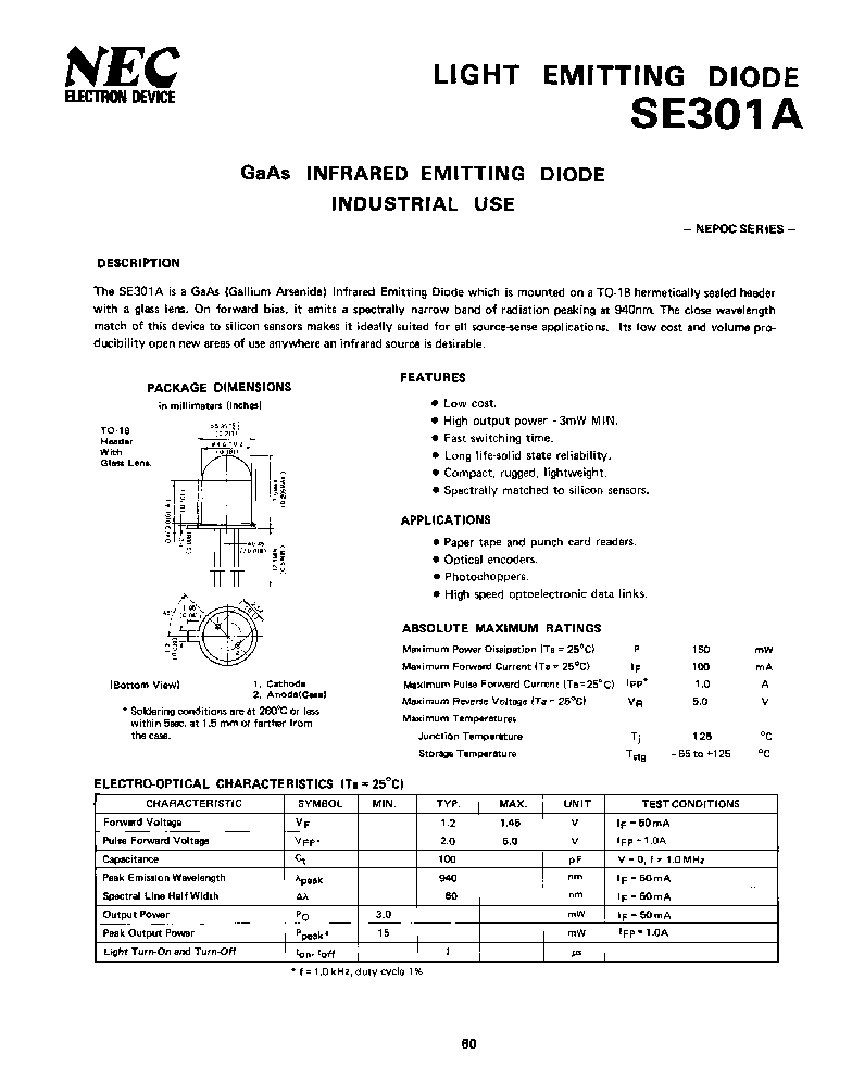 > se301a 4.6 mm, 1 element, infrared led, 940 nm pdf资料下载