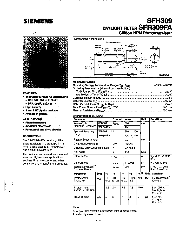 > sfh309fa-6 (siemens a g) photo transistor detector pdf资料下载