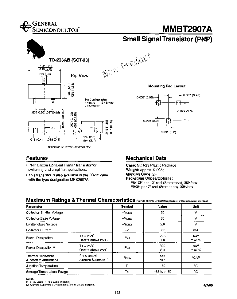 > mmbt2907a/e8 (general semiconductor inc) 600 ma, 60 v, pnp, si