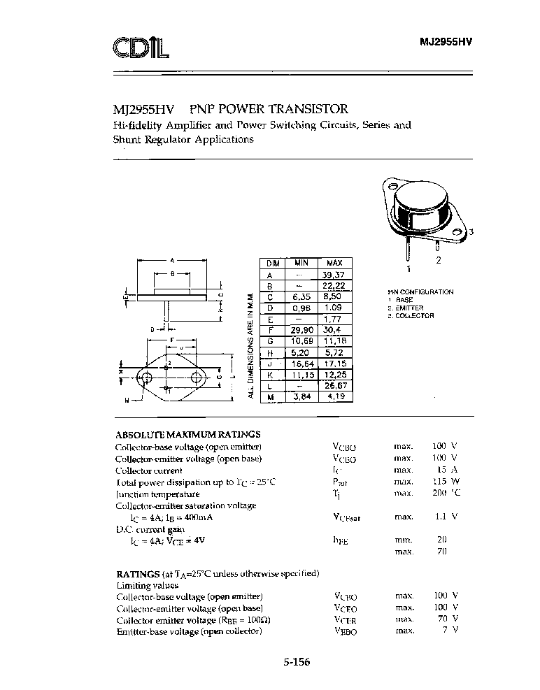 > mj2955hv 15 a, 100 v, pnp, si, power transistor, to-3 pdf资料