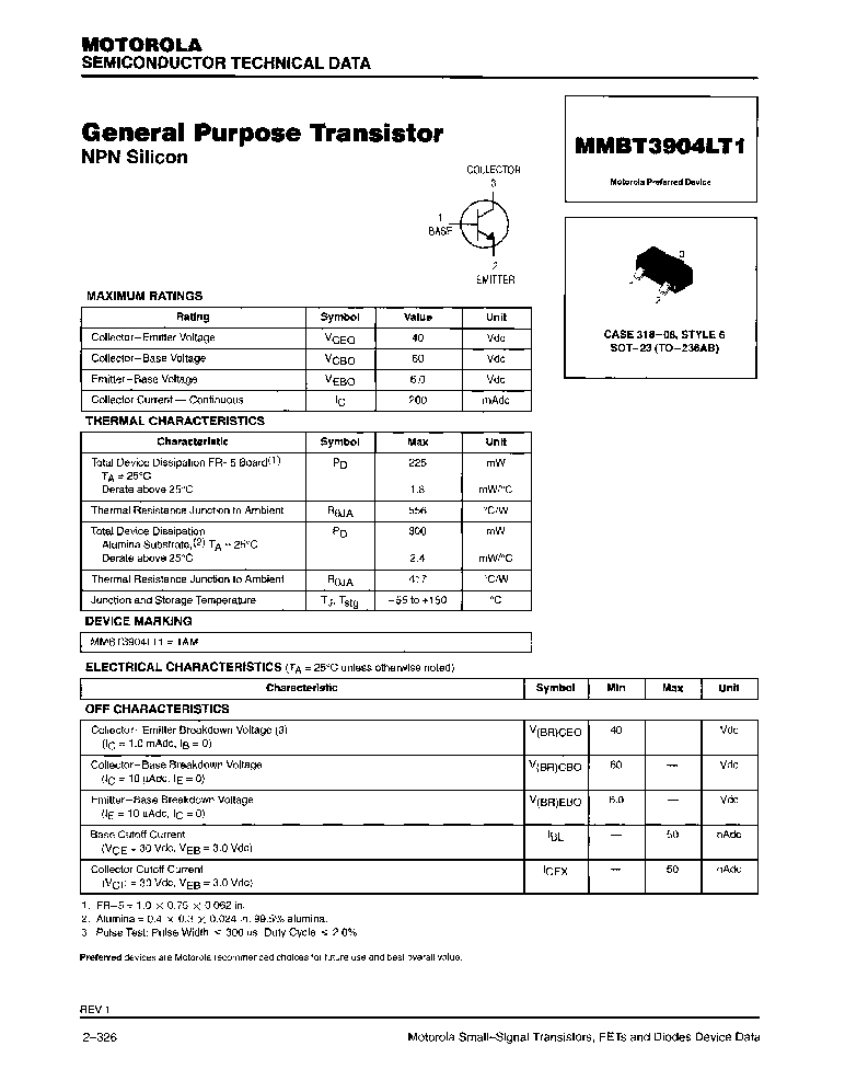 mmbt3904lt3(motorola inc 200 ma 40 v npn si small signal