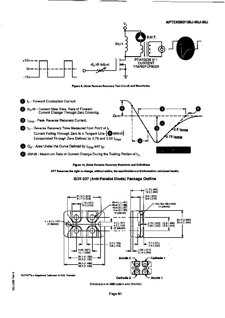 > apt2x60d80j 60 a, 800 v, silicon, rectifier diode pdf资料下载