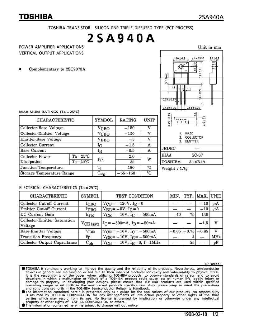 > 2sa940a (toshiba corporation) transistor (powe