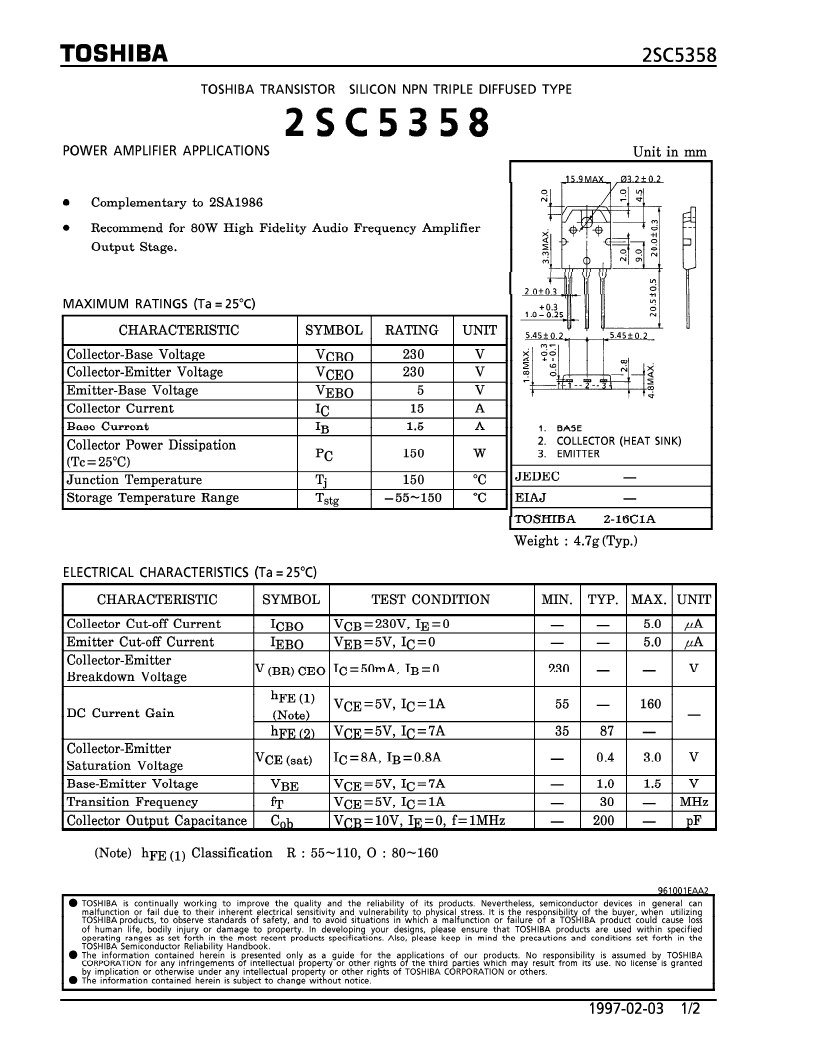 > 2sc5358 (toshiba corporation) npn triple diffused type (power