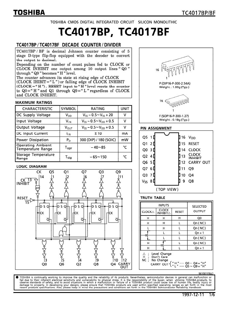 tc4017bf(toshiba corporation decade counter/divider pdf资料