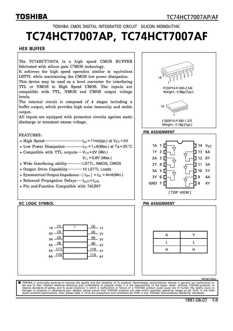 > tc74hct7007ap (toshiba corporation) small signal high-voltage