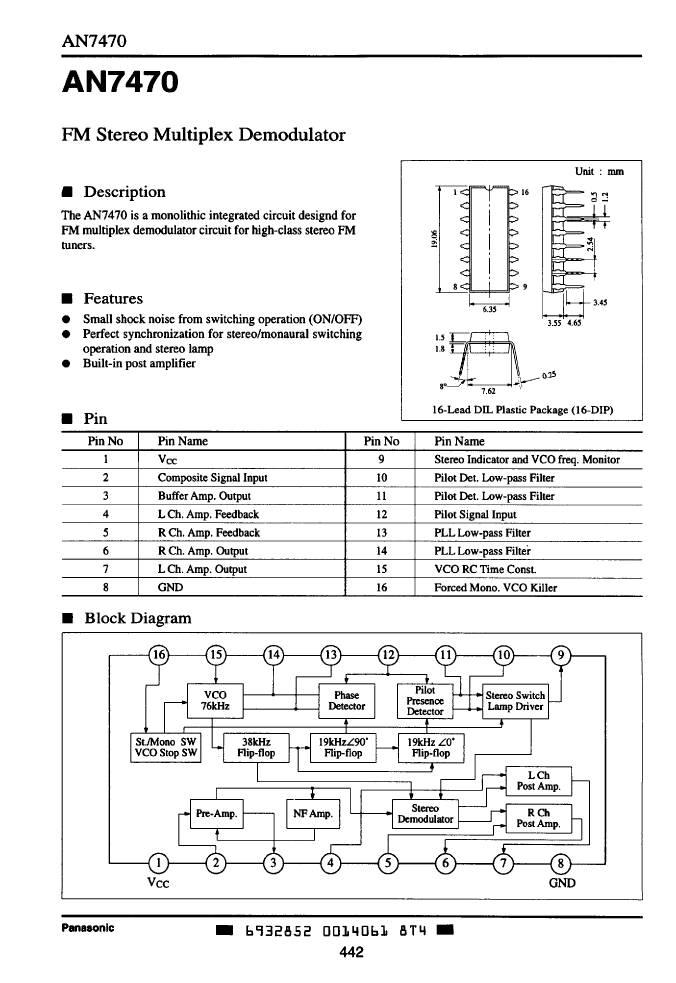 > an7470 (panasonic corp) fm stereo multiplex demodulator pdf