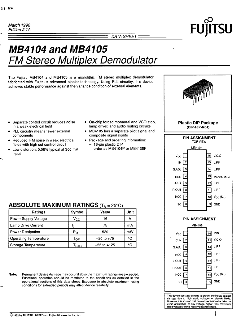 > mb4104 (fujitsu limited) fm stereo multiplex demodulator pdf