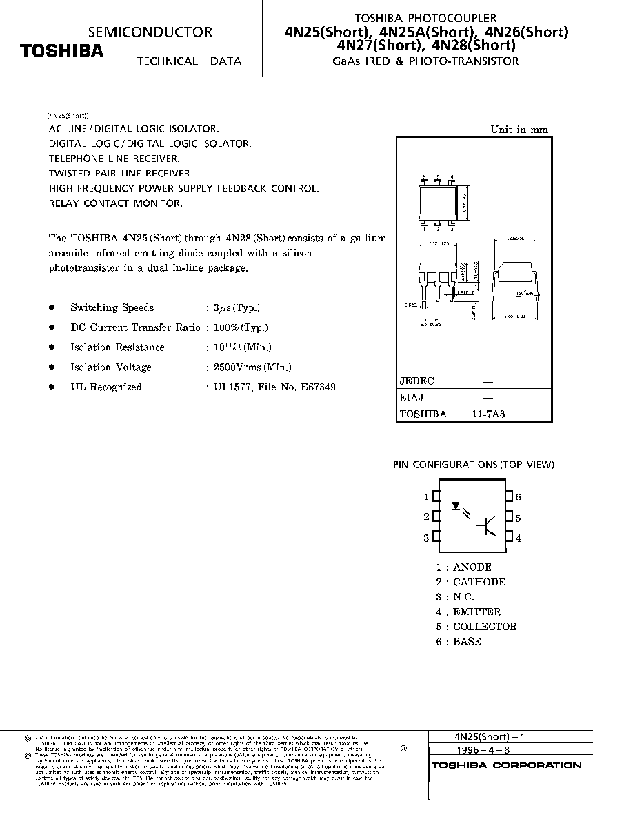 4n26引脚图和参数,4n25引脚图和参数 > 4n28 (toshiba corporation) photocoupler(gaas l