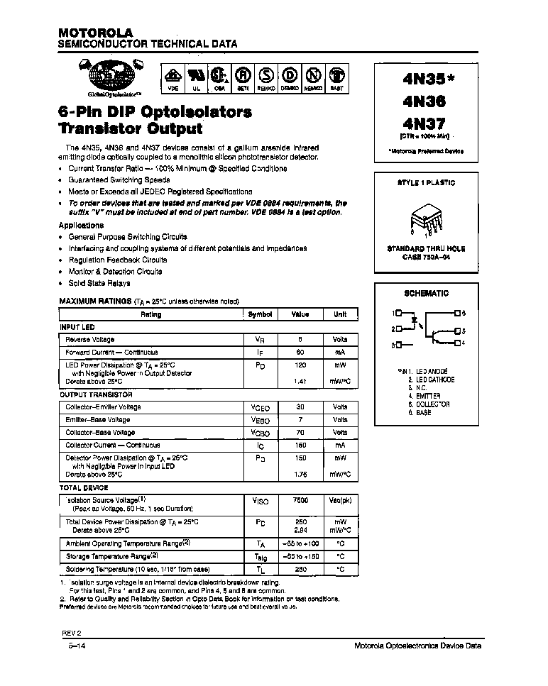 > 4n35sr2v (motorola inc) 1 channel transistor output