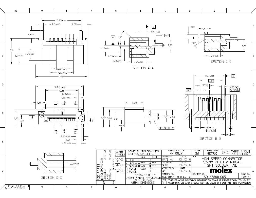功能描述:HIGH SPEED CONN 1.27 PITCH VERT RoHS:是 类别:连接器,互连式 >> 可插式 系列:67800 产品变化通告:Product Obsolescence 21/mar/2011 产品目录绘图:SFP 40-Circuit 标准包装:1 系列:75640 连接器类型:带机架的插座,成组(2x1) 连接器类型:SFP 位置数:40(20 x 2) 安装类型:通孔,直角 端子:压配式 特点:板导轨,EMI 屏蔽,光管 触点表面涂层:锡 - 铅 触点涂层厚度:- 包